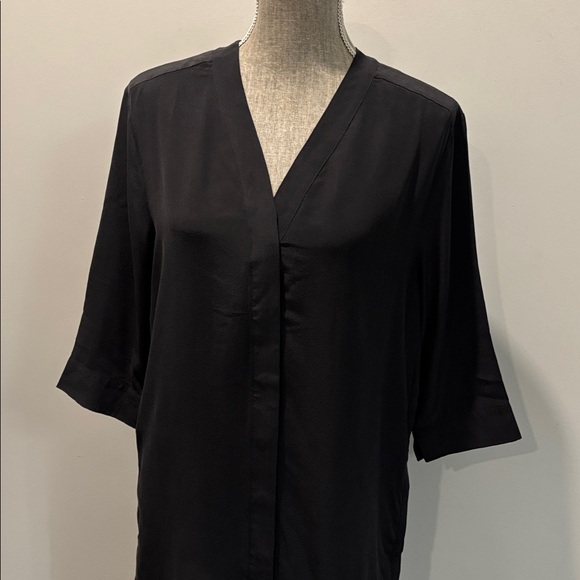 AllSaints Black Silk Button Down Shift Dress Sheer Side Slits 3/4 Sleeve Size 4 - Picture 13 of 16